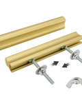 Six Pack Adjustable Matte Gold Drawer Pulls For Cabinets And Furniture, versatile hole centers shown with assembly hardware