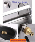 Close-up of Heavy Duty Stainless Steel Garden Hose Reel Smooth Operator Wall Mount Rack showing thick arc handle and brass connector.