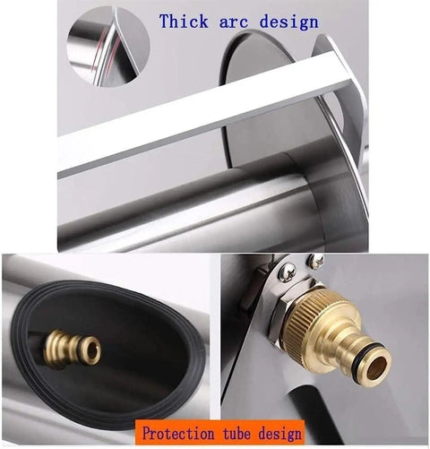 Close-up of Heavy Duty Stainless Steel Garden Hose Reel Smooth Operator Wall Mount Rack showing thick arc handle and brass connector.