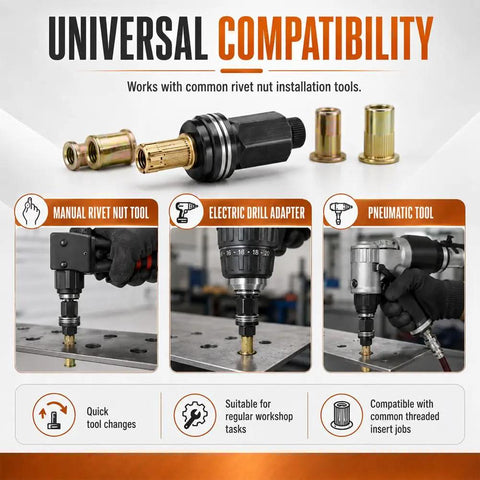 Workhorse Carbon Steel Rivet Nut Tool Set With Mandrels And Nuts, M3 To M10 66 Piece Kit Or M3 To M12 77 Piece Kit, Ideal For Installation, Fastening, Maintenance And Repair Projects, compatible with manual, drill, and pneumatic tools