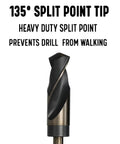 135° split point tip of Badass 33 Piece Heavy Duty High Speed Steel Reduced Shank Drill Bit Set for accurate metal drilling.