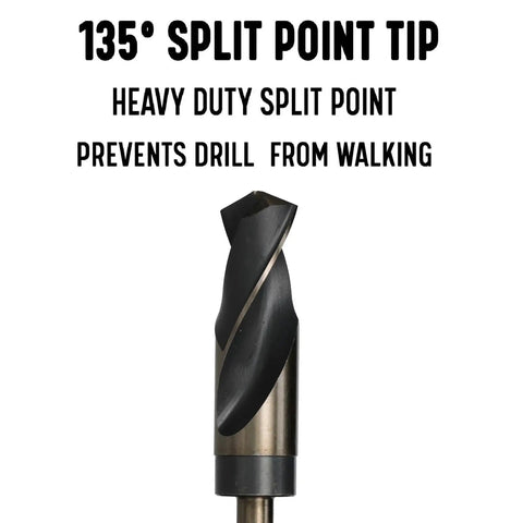 135° split point tip of Badass 33 Piece Heavy Duty High Speed Steel Reduced Shank Drill Bit Set for accurate metal drilling.