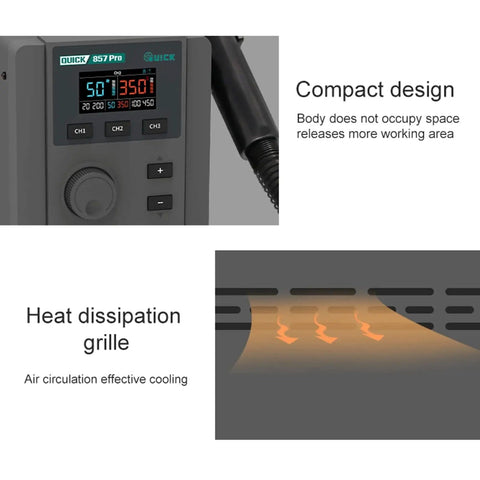 Pro Grade High Power 580W Digital Hot Air Rework Station With LCD Display showing compact design and heat dissipation grille.
