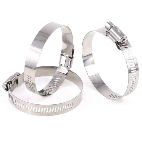 Four Twenty Pack 304 Stainless Steel Adjustable Hose Clamps 46 To 70 MM Range Worm Gear Clamp Kit displayed in a circle