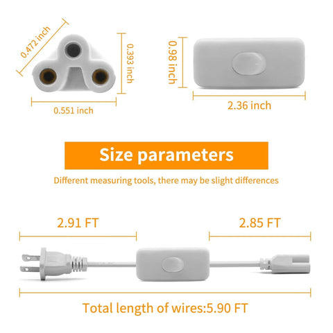 Six Foot T5 T8 LED Tube Power Extension Cable With On Off Switch 3 Pack For Integrated LED Light Fixtures 110 To 250 Volt Supports Up To 120 Watt 3 Pin Connector Plug And Play Safe Replacement Cable For Office Home And Garage Lighting showing dimensions and plug