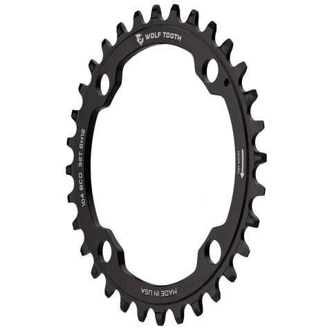 104 BCD 36 Tooth Mountain Bike Chainring For Shimano 12 Speed Hyperglide Plus Drop Stop ST Wide Narrow Spider Mount Beefy Aluminum 7075 T6 Made In USA For MTB shown clearly