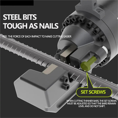 Portable Hydraulic Rebar Cutter Machine Electric Steel Bar Shear For 4-22mm Iron Rods Quick Cuts In 2-3 Seconds Spark Free showing adjustable set screws.
