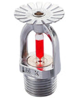 Hella Tough Heavy Duty Quick Response Fire Sprinkler Head Pendant Mount 1/2 Inch Thread 68C Thermal Activation showing chrome finish with red glass tube.