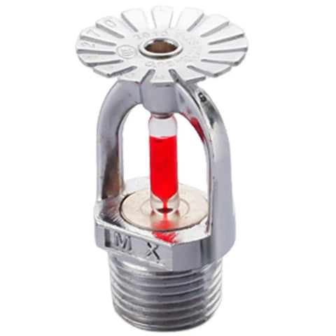 Hella Tough Heavy Duty Quick Response Fire Sprinkler Head Pendant Mount 1/2 Inch Thread 68C Thermal Activation showing chrome finish with red glass tube.