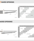 Diagram showing mounting dimensions for Heavy Duty Dual Swing Gate Opener Kit for outward and inward opening.