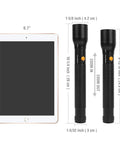 Comparison of Ultra Bright Tactical Flashlight With 900 Lumen Zoomable Beam and tablet with size dimensions marked.