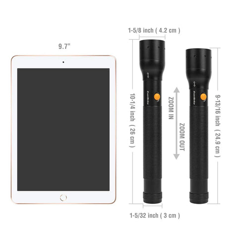 Comparison of Ultra Bright Tactical Flashlight With 900 Lumen Zoomable Beam and tablet with size dimensions marked.