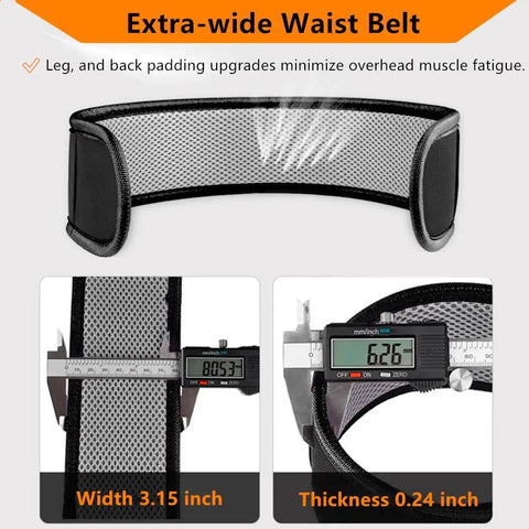 Extra-wide waist belt for full body safety harness, showing 3.15-inch width and 0.24-inch thickness, enhances fall protection.