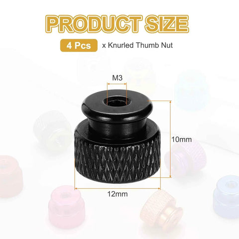 Knurled Thumb Nuts Set M3 12mm Outer Diameter 10mm Height Aluminum 6061 Anodized Bright Black Hand Screws product size