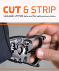 Hand using Pro Grade Network Cable Cutter And Wire Stripper Tool For Ethernet And POE Cabling Cuts And Strips CAT3 to CAT6 UTP and STP.