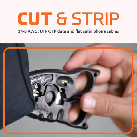 Hand using Pro Grade Network Cable Cutter And Wire Stripper Tool For Ethernet And POE Cabling Cuts And Strips CAT3 to CAT6 UTP and STP.