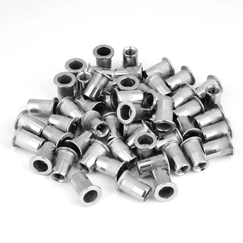 Knock Out Quality Stainless Steel Rivet Nut Kit With M3 M4 M5 M6 Threaded Inserts, assortment of shiny threaded inserts. 