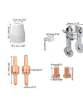 66 Piece Plasma Cutter Consumables Kit For PT 31 JG 40 LG 40 Torches showcasing various consumable parts with dimensions.