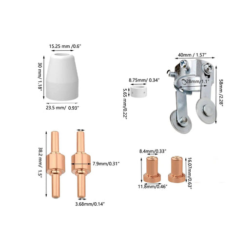 66 Piece Plasma Cutter Consumables Kit For PT 31 JG 40 LG 40 Torches showcasing various consumable parts with dimensions.