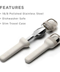 Pocket Utensil Set in grey with 18/8 stainless steel fork knife and spoon nestled in a compact case for travel. Dishwasher safe.