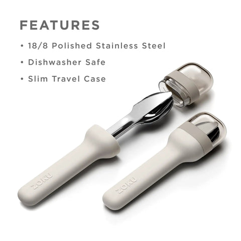 Pocket Utensil Set in grey with 18/8 stainless steel fork knife and spoon nestled in a compact case for travel. Dishwasher safe.