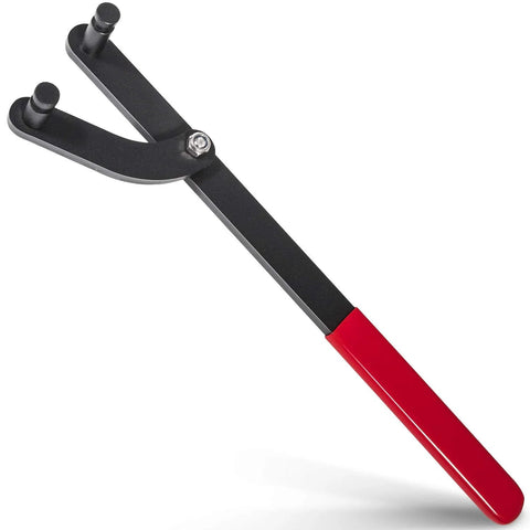 E-cowlboy universal camshaft pulley holding tool with red plastic handle and forked black metal arms
