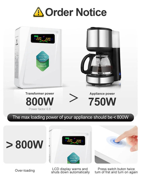 1000W Step Up Transformer 120V To 240V Power Converter With Ten Protection Functions next to a coffee maker