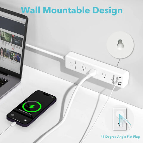 7 In 1 Surge Protector Power Strip with PD 20W USB C Fast Charging, 3 AC outlets, wall-mounted, powering laptop and phone
