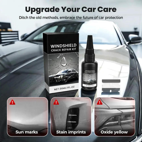 Windshield Crack Repair Kit for Chips and Cracks, Glass Window Repair Liquid That Penetrates Deep, DIY Car Glass Repair Solution shown on car hood.