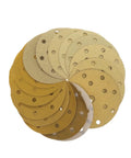 Grab These Killer Yellow 6 Inch Gold Sanding Discs With Anti-Clog Coating And 15 Holes For Dust Free Grinding On Any Project That Hits Hard Today - assorted grit discs arranged.