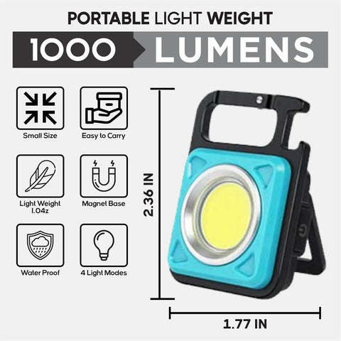 Image of a Go-To Mini COB Flashlight Keychain 1000 Lumens With 4 Modes, Rechargeable Waterproof Portable LED light with dimensions shown.