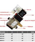 Heavy Duty 3V310-10 Solenoid Valve With 12mm Fittings Works On AC220V DC12V 24V AC110V for pneumatic systems showcasing connections and label details.