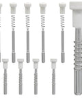 Premium White Window Screen Plunger Latches 10 Pack Rock Solid Aluminum Spring Hooks For Tight Spaces And Smooth Concealed Installation No Sweat Repair Parts Upgraded Design with metal springs and white tops.