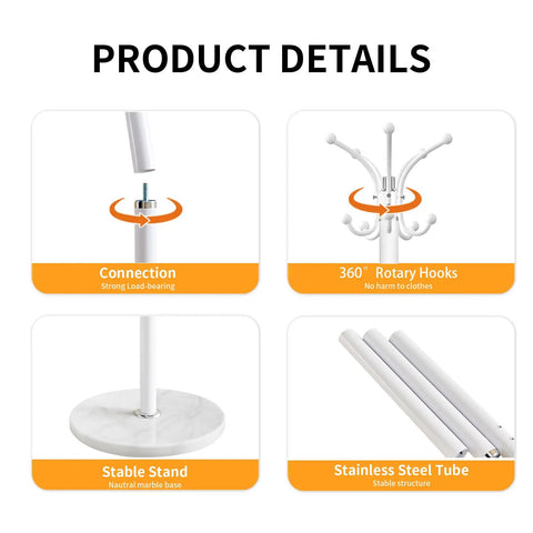 Sleek Freestanding Coat Rack With 360 Degree Swivel Hooks And Marble Base product details including connection, hooks, stand, and tube.