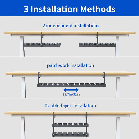 Three installation methods for under desk cable management tray with clamp for no drill setup 31 inch long raceway organizer.