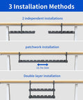 Three installation methods for extendable under desk cable management tray with clamp showing single, patchwork, and double-layer setups.