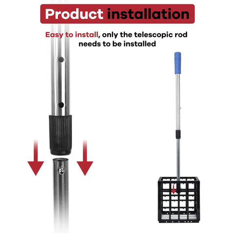 Product installation of Large Capacity Golf Ball Retriever Telescopic Grabber With Cage Scoop Basket, telescopic rod assembly.