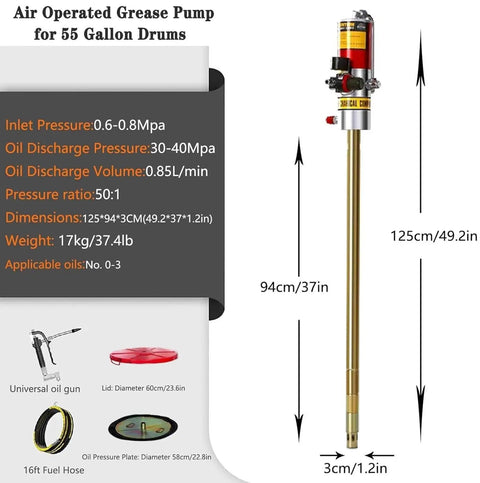 No Sweat Pneumatic Grease Pump Setup For 55 Gallon Oil Drum Featuring Battle Tested Grease Gun And Tough Aluminum Drum Lid With Heavy Duty Steel Pressure Plate