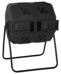 Front view of Dual Chamber 43 Gallon Compost Bin With 360 Degree Tumbling Design, steel frame, two sliding doors, outdoor use.