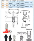 Heavy Duty Red Plastic T Handle Plunger Spring Indexing Pin For M12 M16 M20 M24 Locking Rig schematic with dimensions and variations.
