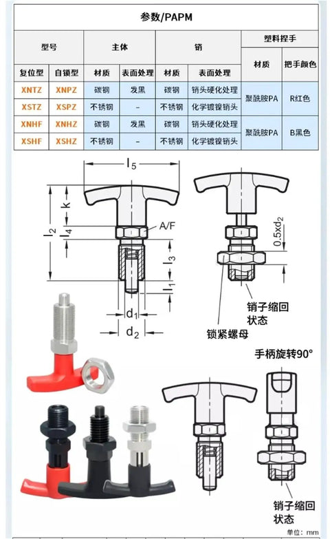 Heavy Duty Red Plastic T Handle Plunger Spring Indexing Pin For M12 M16 M20 M24 Locking Rig schematic with dimensions and variations.