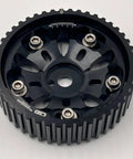 Front view of black Almanzar cam gear for 4G93 engine, aluminum with four silver mounting bolts.
