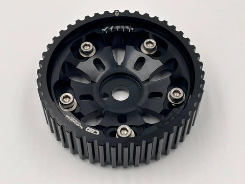 Front view of black Almanzar cam gear for 4G93 engine, aluminum with four silver mounting bolts.