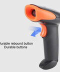 Fast Decode Barcode Scanner With Rebound Button Handheld QR Reader from side angle with focus on rebound button