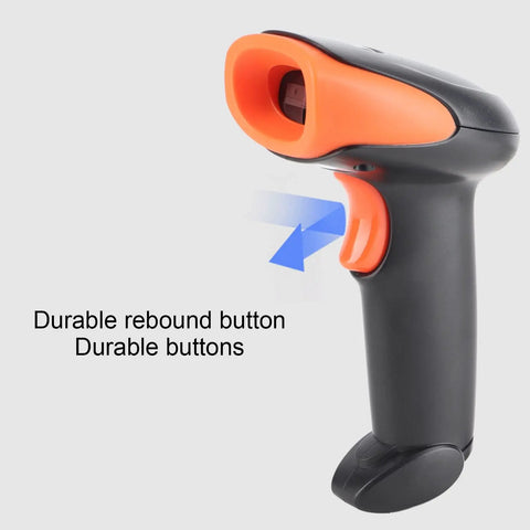 Fast Decode Barcode Scanner With Rebound Button Handheld QR Reader from side angle with focus on rebound button