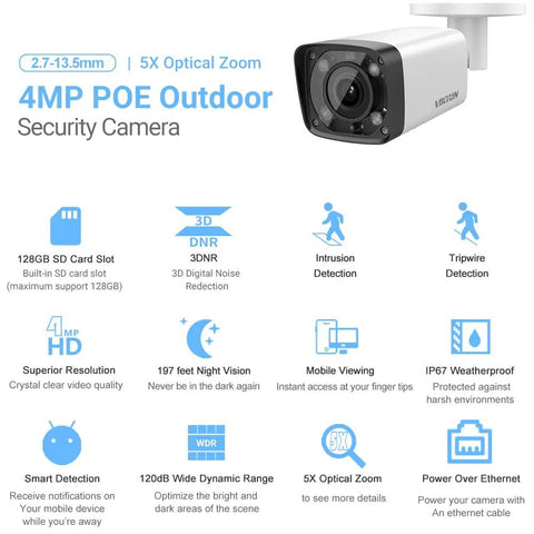 4MP PoE Bullet Security Camera With 5X Optical Zoom Motorized Lens 2.7-13.5mm, 262ft Night Vision, IP67 features overview