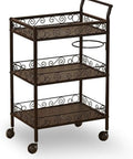 Three Tier Rolling Utility Cart With Smooth As Silk Casters And Reinforced Side Handles No Brainer Multi Purpose Salon Beauty Trolley For Kitchen Craft Office Bathroom Storage, brown metal with ornate design.