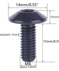 Close-up of a 15mm M6 titanium button Torx bolt with dimensions, from a set of 4 Titanium Button Torx Head Bolts M6 for Bikes and Motorcycles.