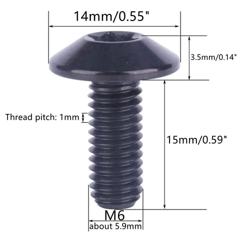 Close-up of a 15mm M6 titanium button Torx bolt with dimensions, from a set of 4 Titanium Button Torx Head Bolts M6 for Bikes and Motorcycles.