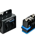 Heavy Duty Four Gauge Awg Marine Grade Inline Mini Anl Fuse Holder Featuring IP65 Sealed Waterproof Housing And Three Badass 80 100 150 Amp Fuses For Your Daily Driver Ride, shown from the front and side.